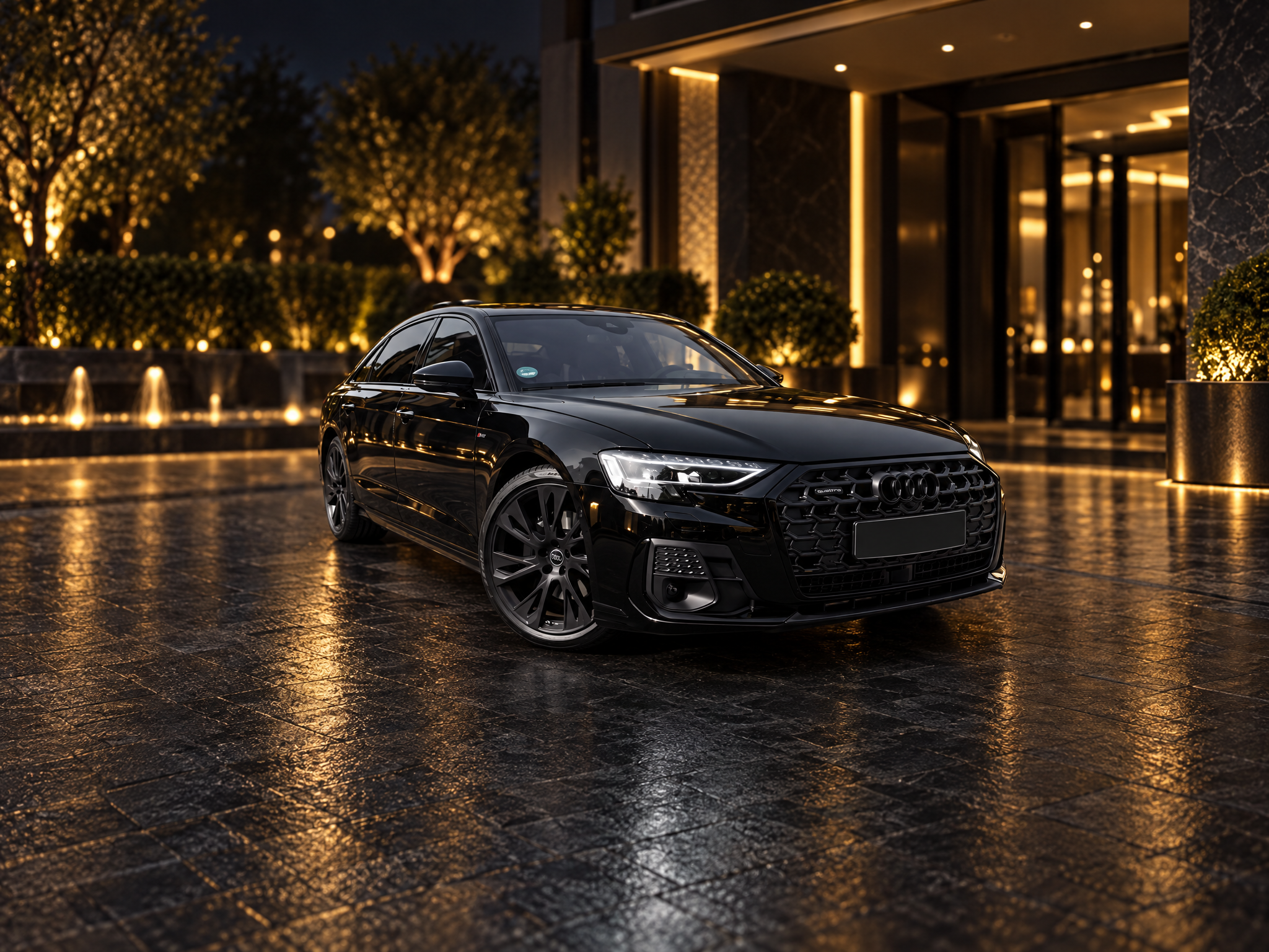 Schwarze Audi A8 Luxuslimousine vor elegantem Hoteleingang bei Nacht